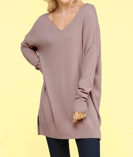 Ninexis - V Neck Loose Fit Tunic Length Soft Sweater Top
