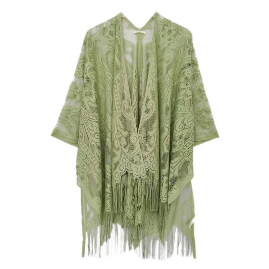 Judson & Co. - Floral Lace Fringe Boho Kimono Wrap Shawl Cover Up