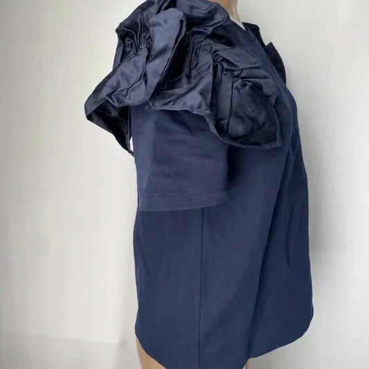 Adeam - Women's Ruffled Crewneck Pull-over Short Sleeves Top