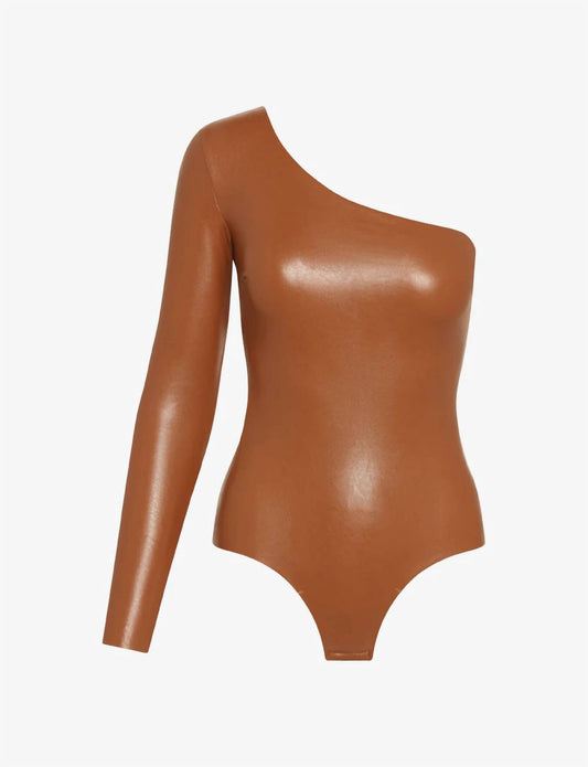 Faux Leather Long Sleeve One Shoulder Bodysuit