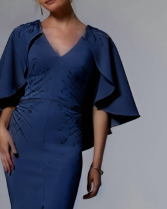Mgny - V-neck Evening Gown With Draped Cape Sleeves