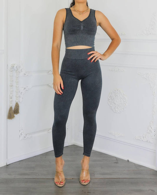 Surelymine - Wash Soft Ribbed Texture Scrunch Butt Pant Set