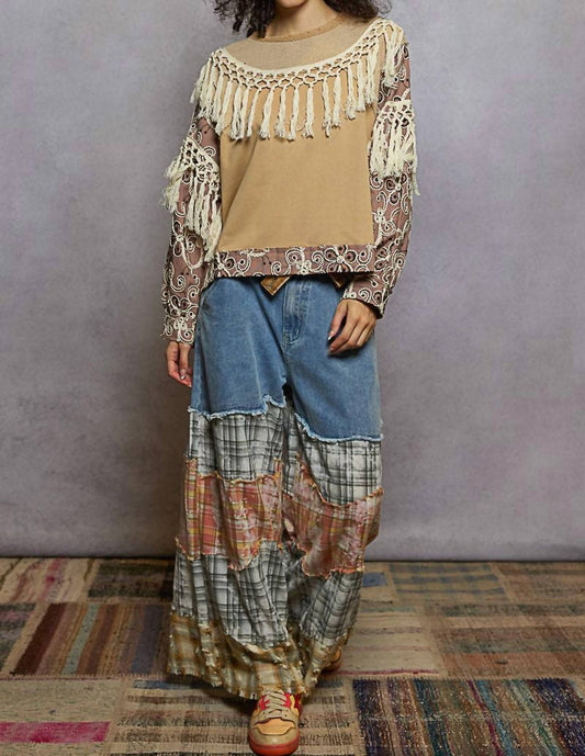 Pol - Round Neck French Terry Embroidered Sleeve Contrast Top