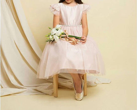 Sweet Kids - Shiny Crystal Tulle Flutter Sleeves Satin Dress