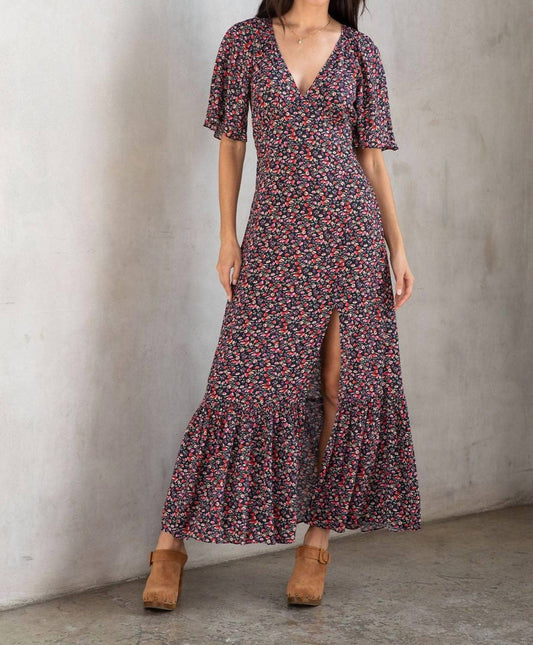 Lovestitch - Vintage Floral Print Flutter Sleeve Maxi Dress