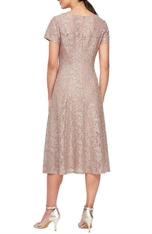 Cap Sleeve Tea Length Sequin Lace Dress