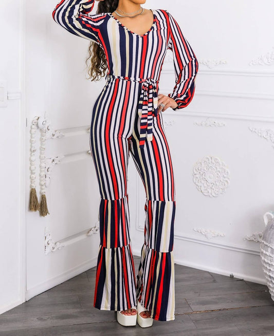 Surelymine - Striped Flare-Leg Jumpsuit with Tie Waist & Long Sleeves