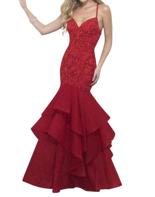 Blush Prom - Lace Bodice Ruffled Mermaid Gown