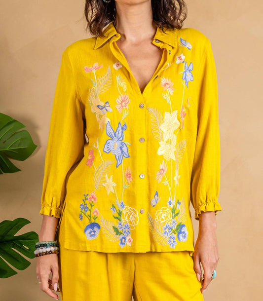 Paparazzi - Embroidered Linen 3/4 Sleeve Shirt