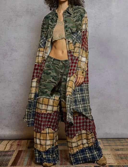 Pol - Patchwork Long Sleeve Plaid Woven Maxi Shirt