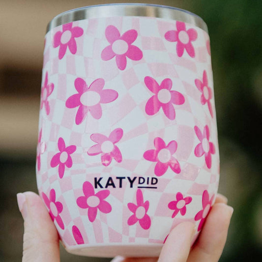 Katydid - Flower Checkered Stainless Steel Insulated Wine Drink 12 Oz Tumbler