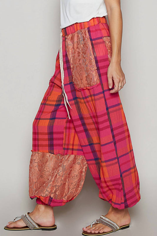 Pol - Plaid Pattern Lace Patch Jogger Pants