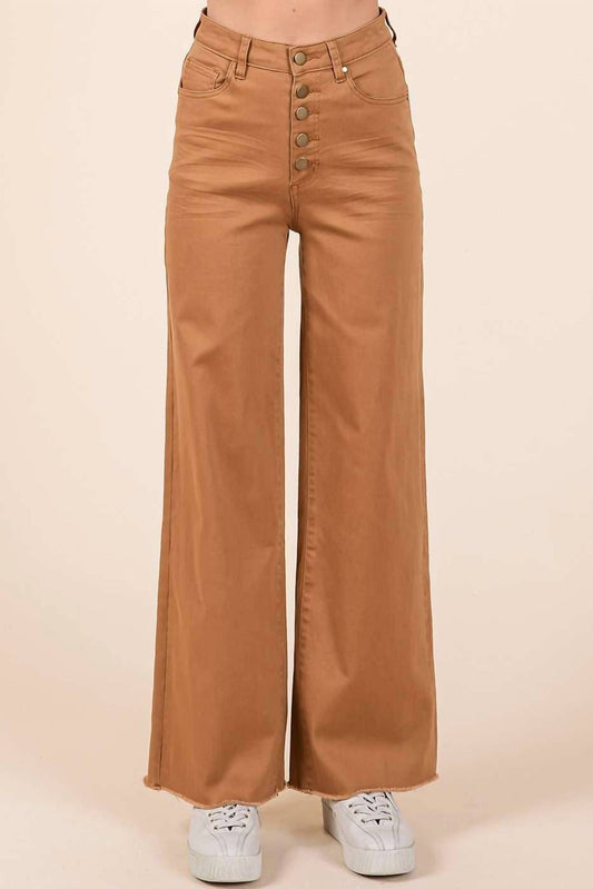 Mittoshop - TWILL HIGH WAISTED BUTTON FLY WIDE LEG PANTS