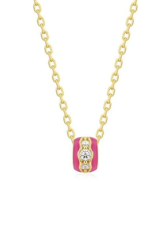 Eklexic - Women's Pink Enamel & Cubic Zirconia Channel Rondelle Necklace