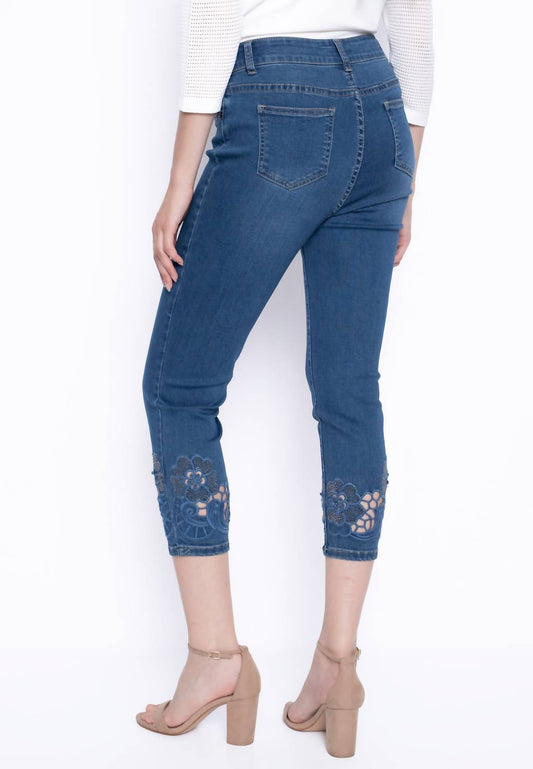 Picadilly - Rhinestone Cutout Embroidery Deep Denim Jeans