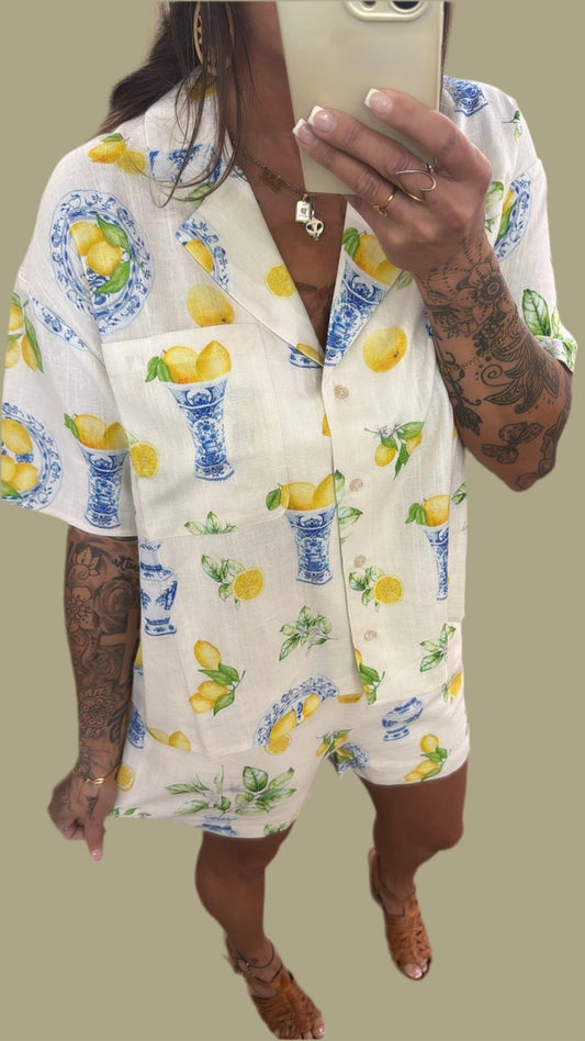 Flat White - Lucy Lemon Short Sleeve Button Down Top - button - down - shirts - clothing - graphic