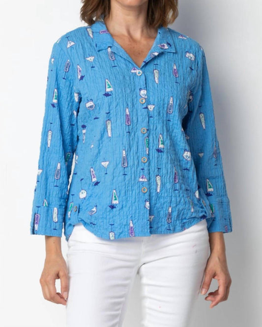 Habitat - Side Tab Crinkle Cotton Button Front Top - blouses - blue - clothing