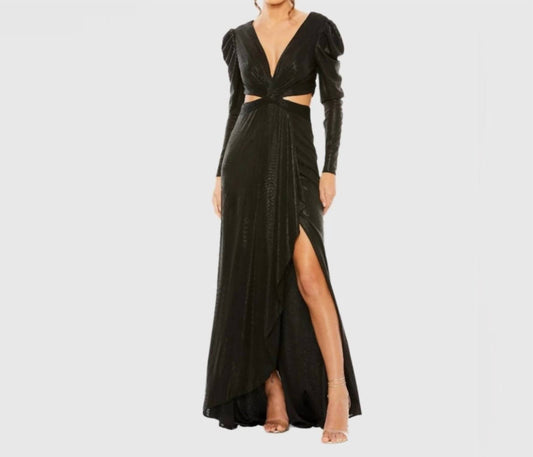 Ieena For Mac Duggal - Princess Sleeve Cut Out Metallic Gown - black - clothing - dresses