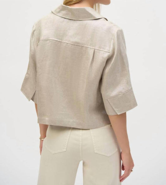 Joseph Ribkoff - Foiled Linen Blend Short Sleeve Boxy Jacket - beige - casual - jacket - clothing