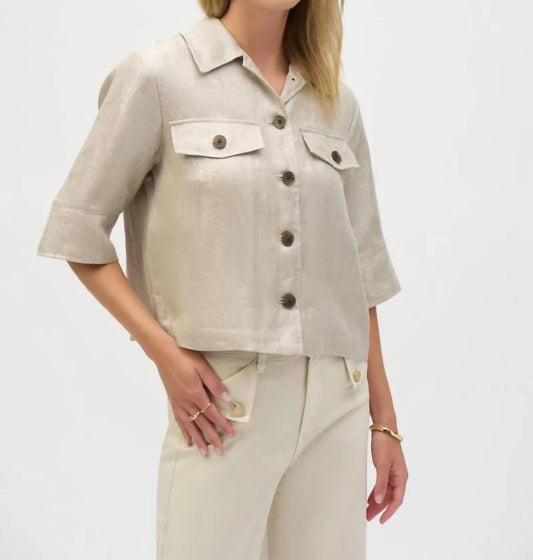 Joseph Ribkoff - Foiled Linen Blend Short Sleeve Boxy Jacket - beige - casual - jacket - clothing