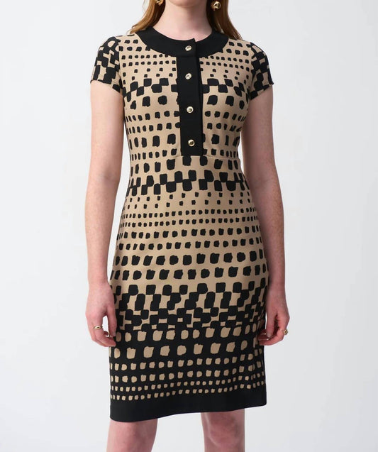 Joseph Ribkoff - Geometric Print Short Sleeve Shift Dress - brown - clothing - dresses