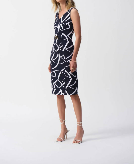 Joseph Ribkoff - Geometric V - neck Sheath Dress - blue - clothing - dresses