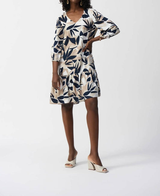 Joseph Ribkoff - Leaf Print Puff Sleeve Trapeze Dress - beige - clothing - dresses