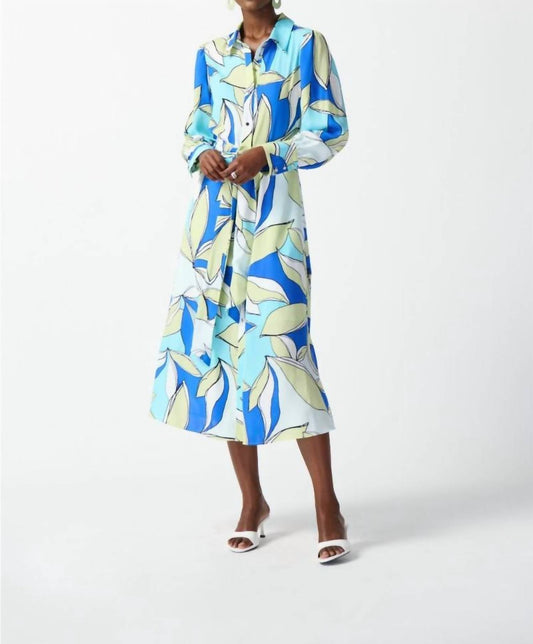 Joseph Ribkoff - Leaf Print Waist Tie Midi Shirt Dress - blue - clothing - dresses