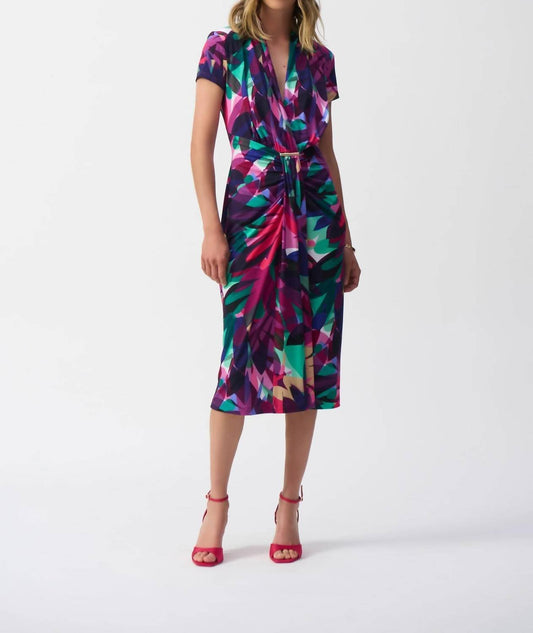 Joseph Ribkoff - Tropical Print Draped Front Midi Sheath Dress - clothing - dresses - midi