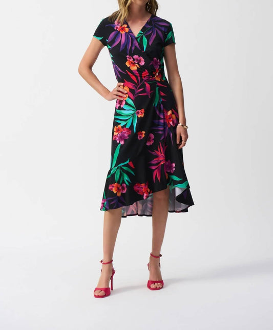 Joseph Ribkoff - Tropical Print Faux Wrap Midi Dress - black - clothing - dresses