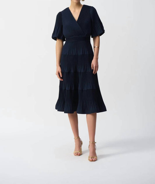 Joseph Ribkoff - V - neck Pleated Faux Wrap Midi Dress - blue - clothing - dresses