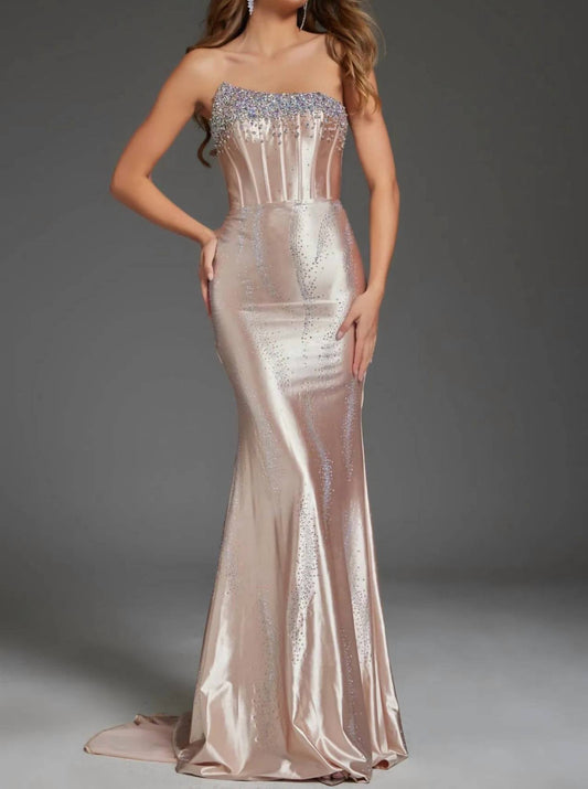 Jovani - Strapless Embellished Satin Dress - beige - clothing - dresses