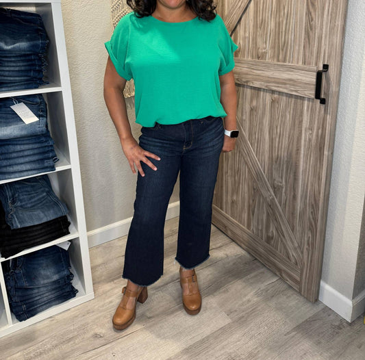 Judy Blue - High Waist Dark Cropped Wide Leg Raw Hem Denim - ankle - blue - clothing