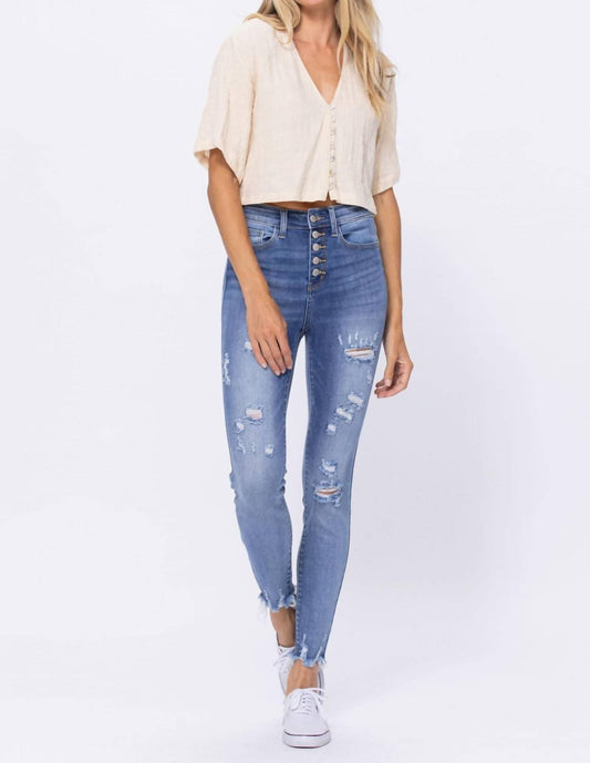 Judy Blue - High Waist Destroyed Button Fly Skinny Denim Jeans - blue - clothing - cotton - blend