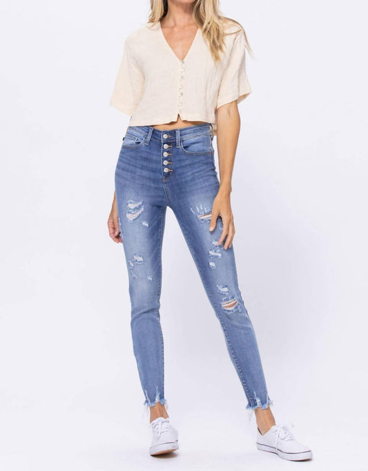 Judy Blue - High Waist Destroyed Button Fly Skinny Denim Jeans - blue - clothing - cotton - blend