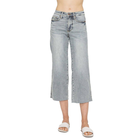 Judy Blue - Midrise Tummy Control Raw Hem Wide Leg Crop Denim - ankle - blue - clothing