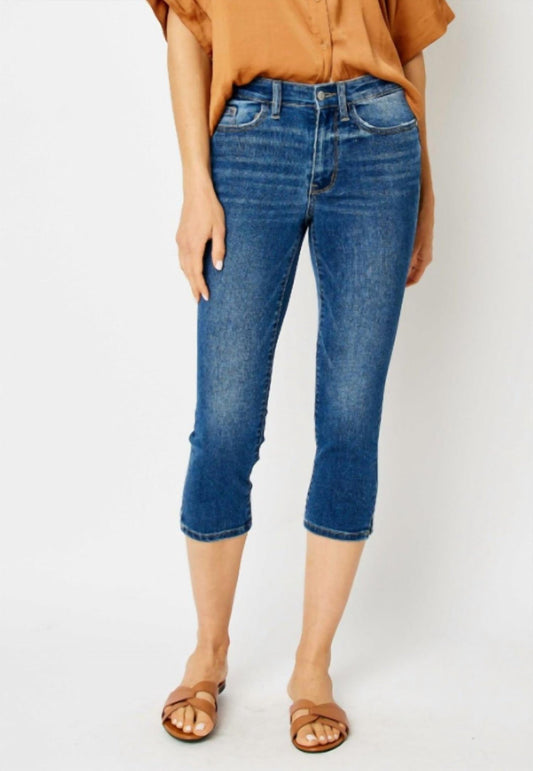 Judy Blue - Slim Fit Side Slit Capri - blue - capris - clothing