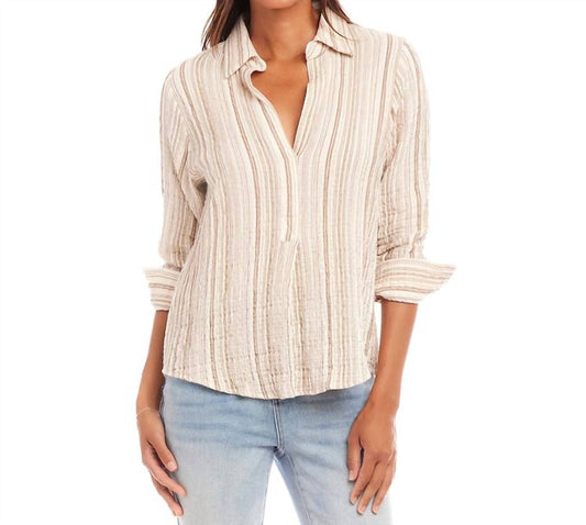 Karen Kane - Metallic Stripe Ruched Sleeve Shirt - beige - clothing - shirts