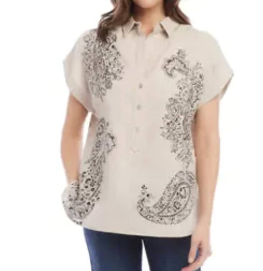 Karen Kane - Paisley shirt - beige - button - down - shirts - clothing