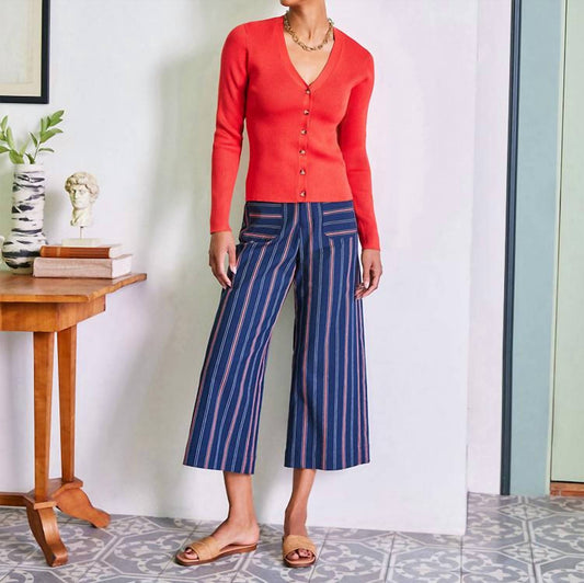 Karen Kane - Stripe Cropped Wide Leg Pant - ankle - blue - clothing