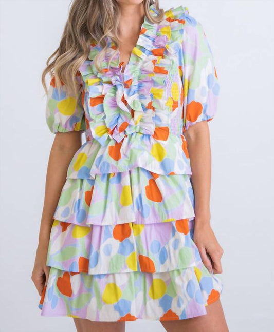 Karlie - Mosaic Ruffle Smock Tier Mini Dress - blue - clothing - dresses