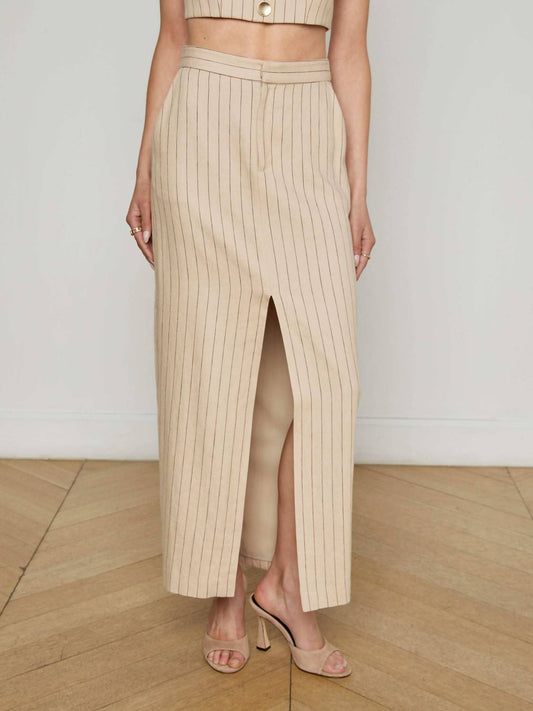 L'Agence - Maceline Pinstriped Maxi Skirt - brown - clothing - linen - blend