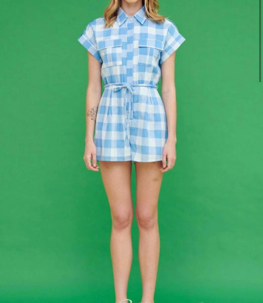 Lena - Gina Gingham Print Shirt Romper - blue - clothing - gingham