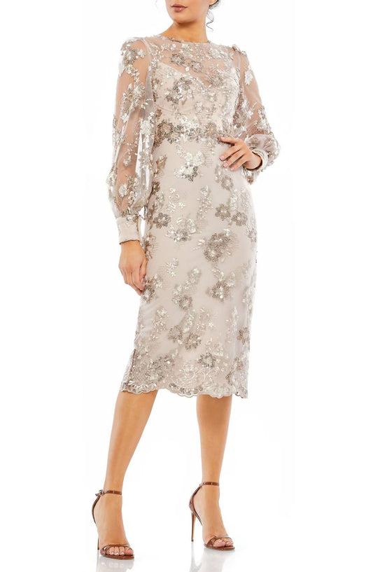 Mac Duggal - Embellished High Neck Illusion Long Sleeve Midi Dress - clothing - dresses - grey