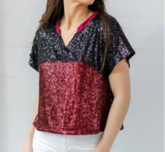 Mary Square - Diane Sequin Gameday Top - clothing - patterned - red