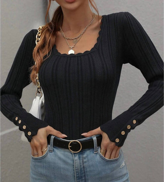 Miss Sparkling - Brooke Long Sleeve Ribbed Top With Button Detail - black - blouses - clothing