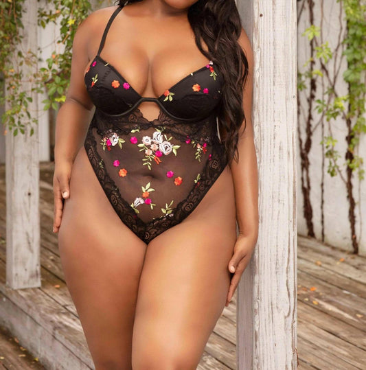 Oh La La Cheri - Ella Floral Embroidered Teddy - Plus Size - black - bodysuits - clothing