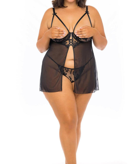 Oh La La Cheri - Kira Embroidered Babydoll - Plus - black - bras - clothing