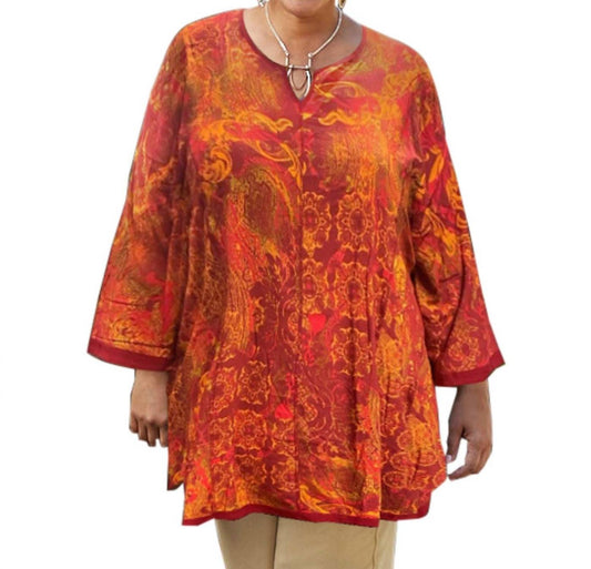 On The Plus Side - Notched V - neck Anaise Tunic - Plus - clothing - orange - patterned