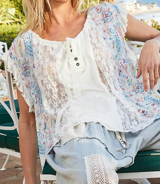 Pol - POL Lace and Floral Knit Top - Ivory - clothing - shirts - tees - short - sleeve